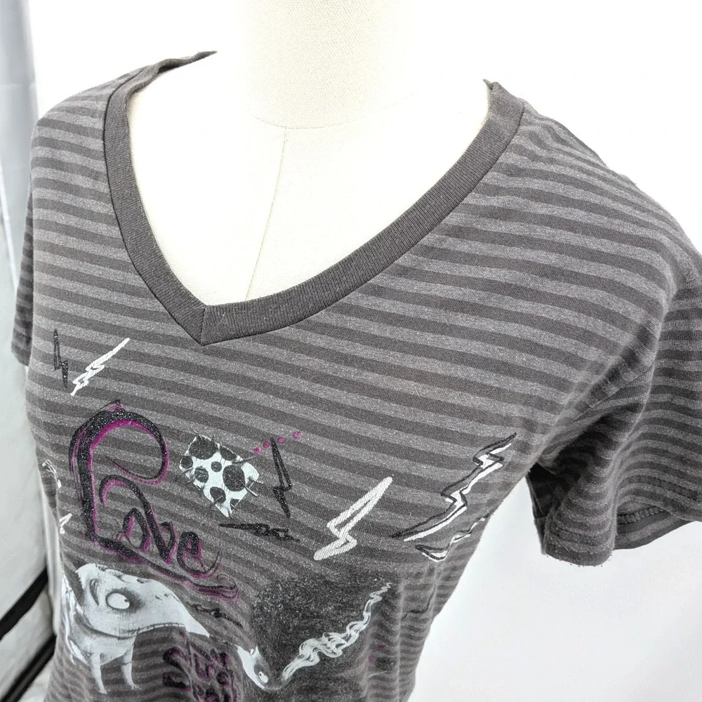 Disney Corpse Bride T Shirt‎ Emily Graphic Striped V Neck Goth L